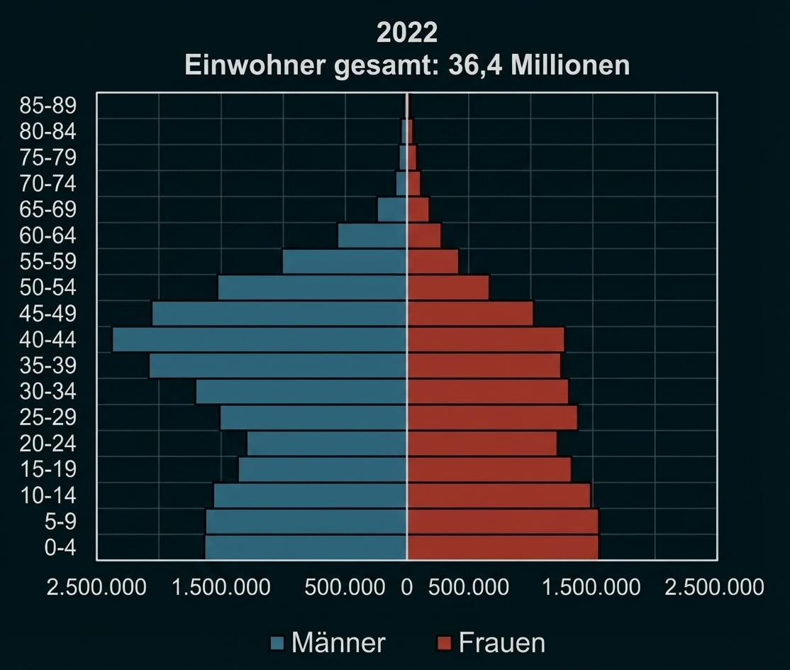 Bevölkerungspyramide 2022, 36,4 Mio. Einwohner; Altersgruppen als Balken, Männer (blau) links, Frauen (rot) rechts.